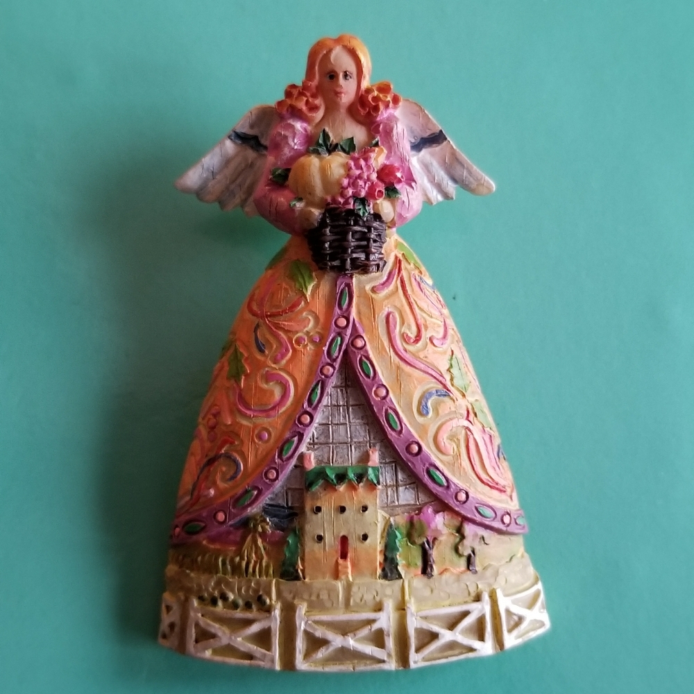 Vintage Angel brooch with house in her skirt flowers pin floral religious